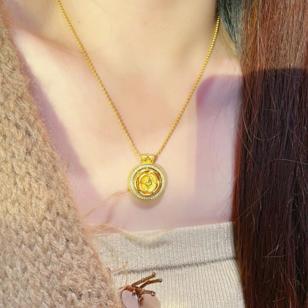Brushed and Forged Pendant Necklace with Rose and Compass Motifs