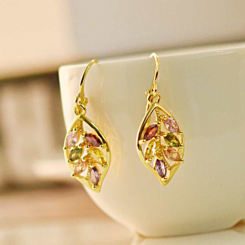 18k Gold Plated Leaf Ear Clips with Colorful Stones
