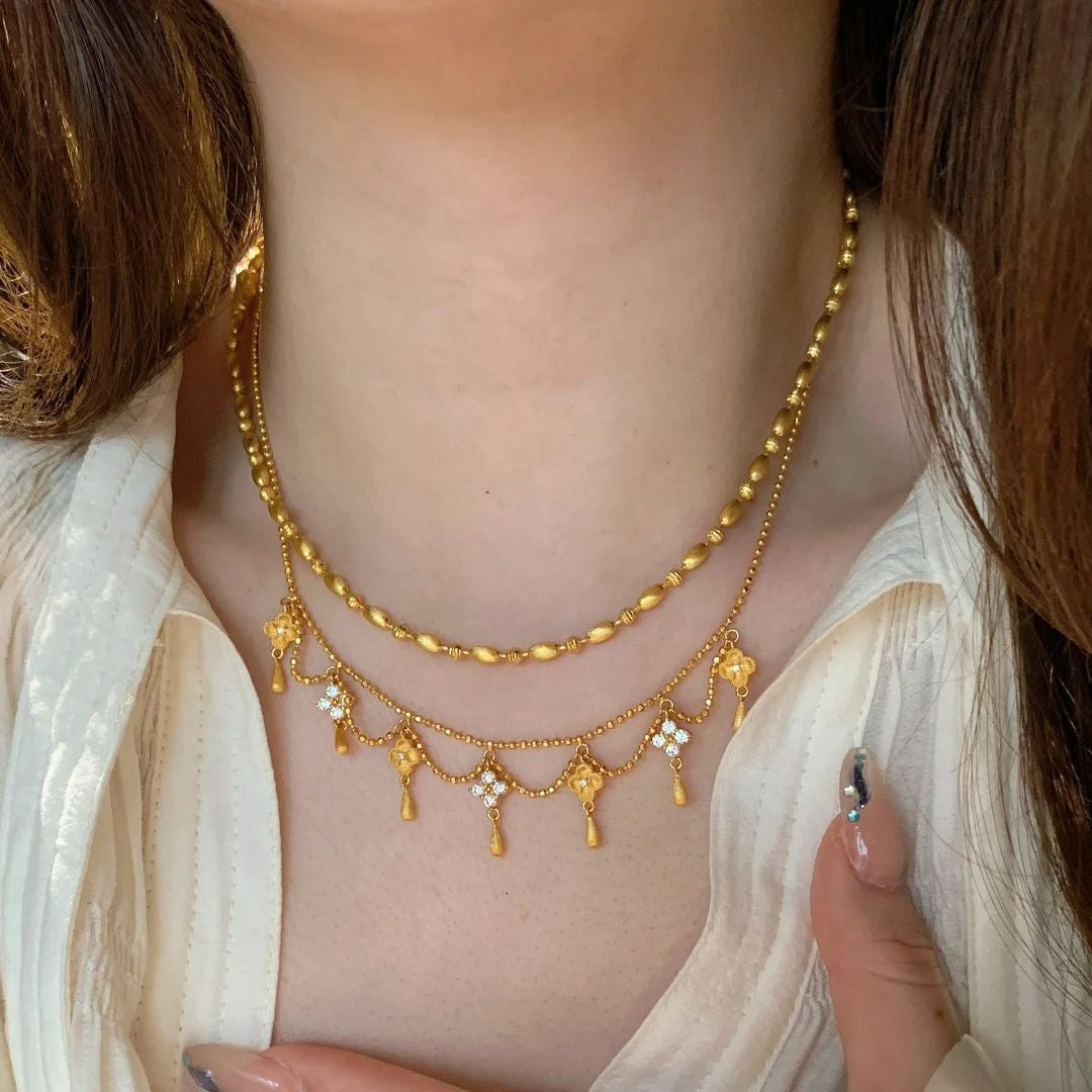 Vintage Brushed Pendant Necklace with Clover and Teardrop Tassels