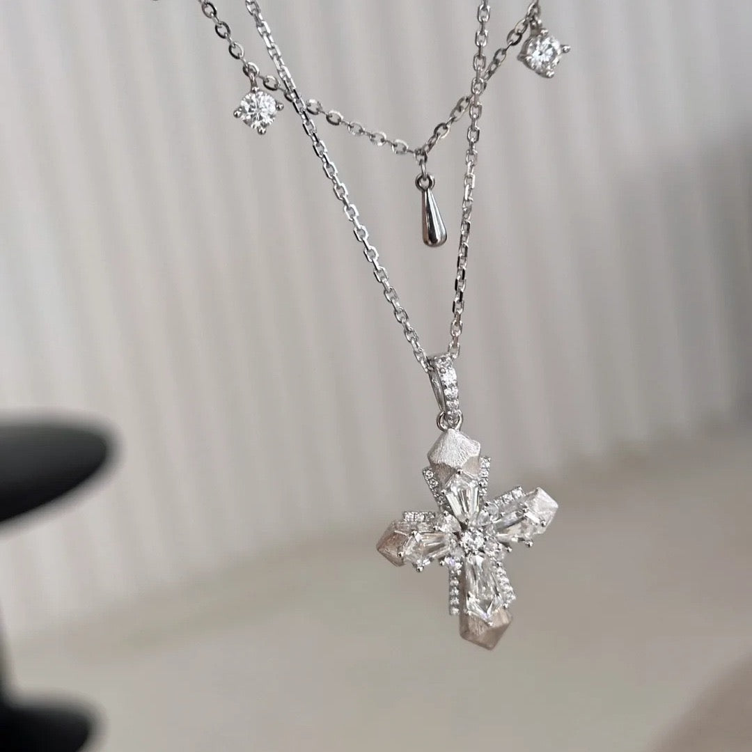 Vintage Brushed Cross & Rupert's Drop Necklace