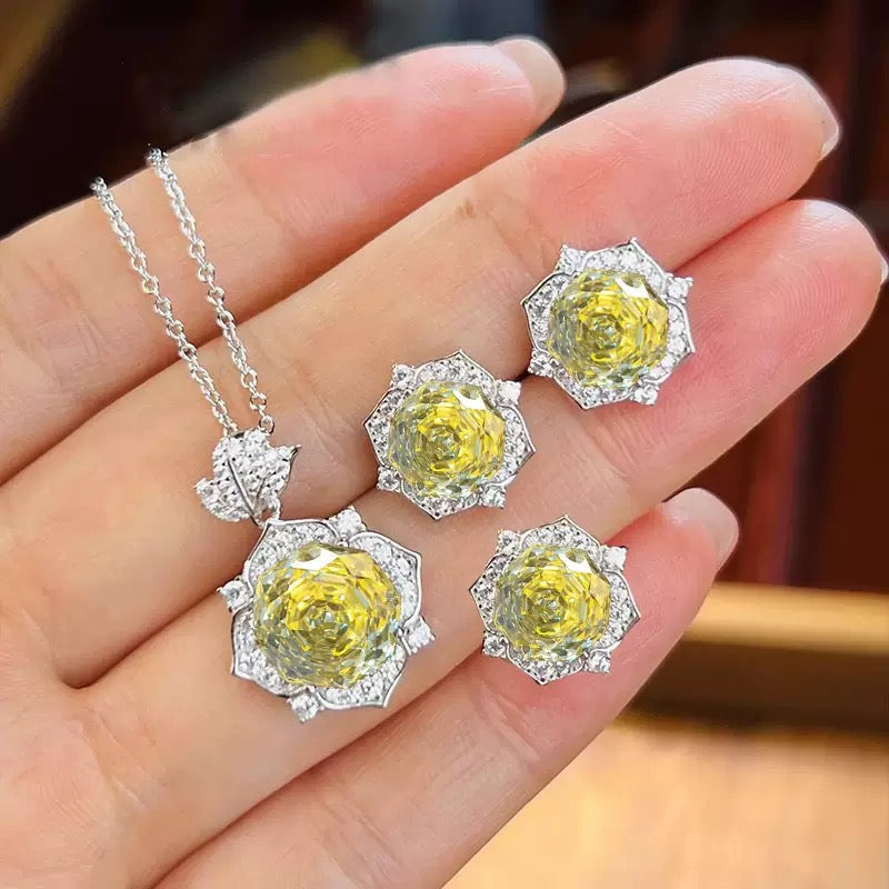 Octagonal Millennium Rose Cut Floral Jewelry Set