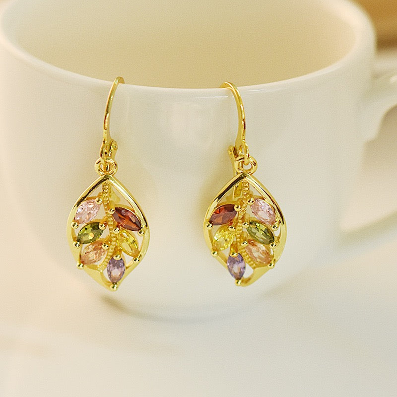 18k Gold Plated Leaf Ear Clips with Colorful Stones