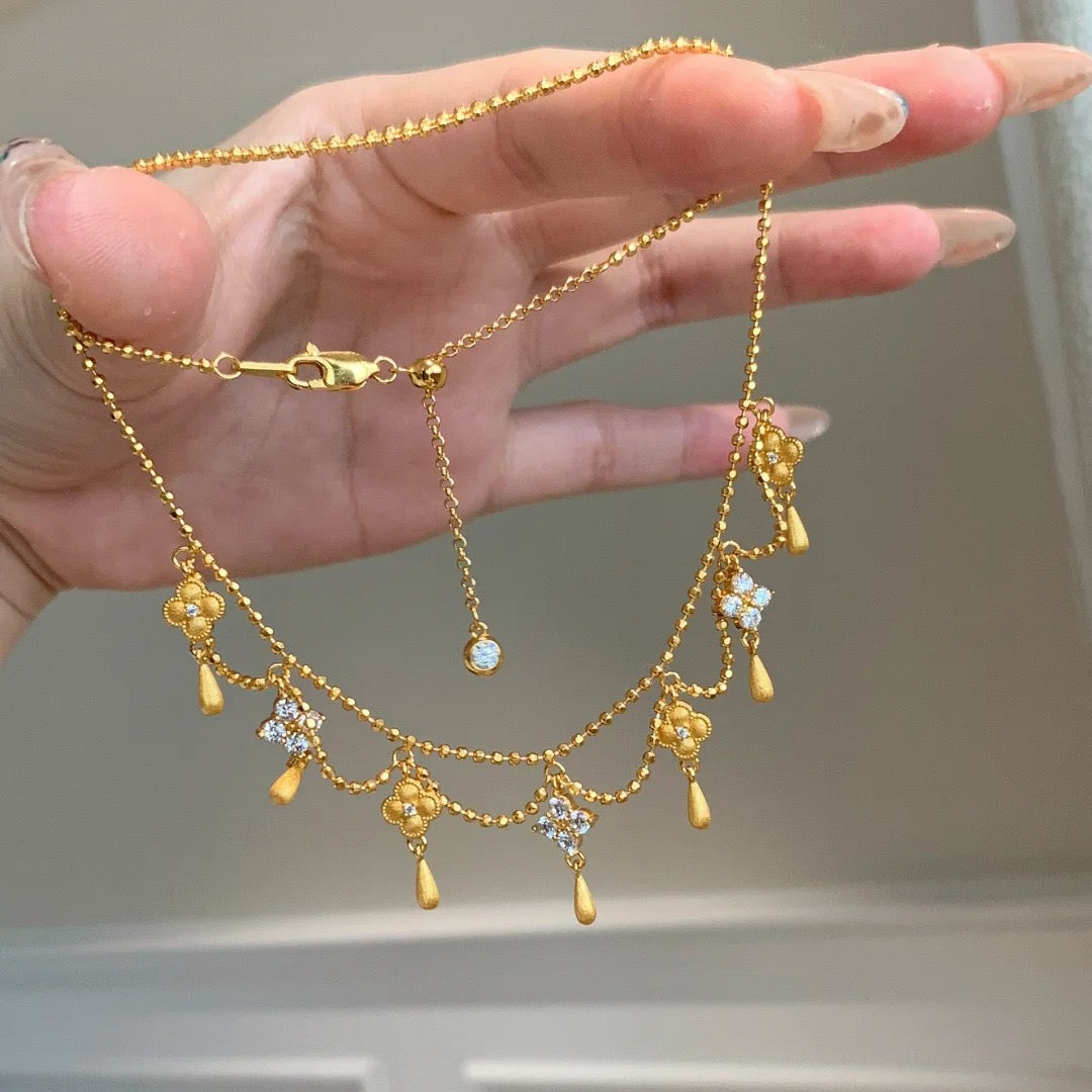 Vintage Brushed Pendant Necklace with Clover and Teardrop Tassels