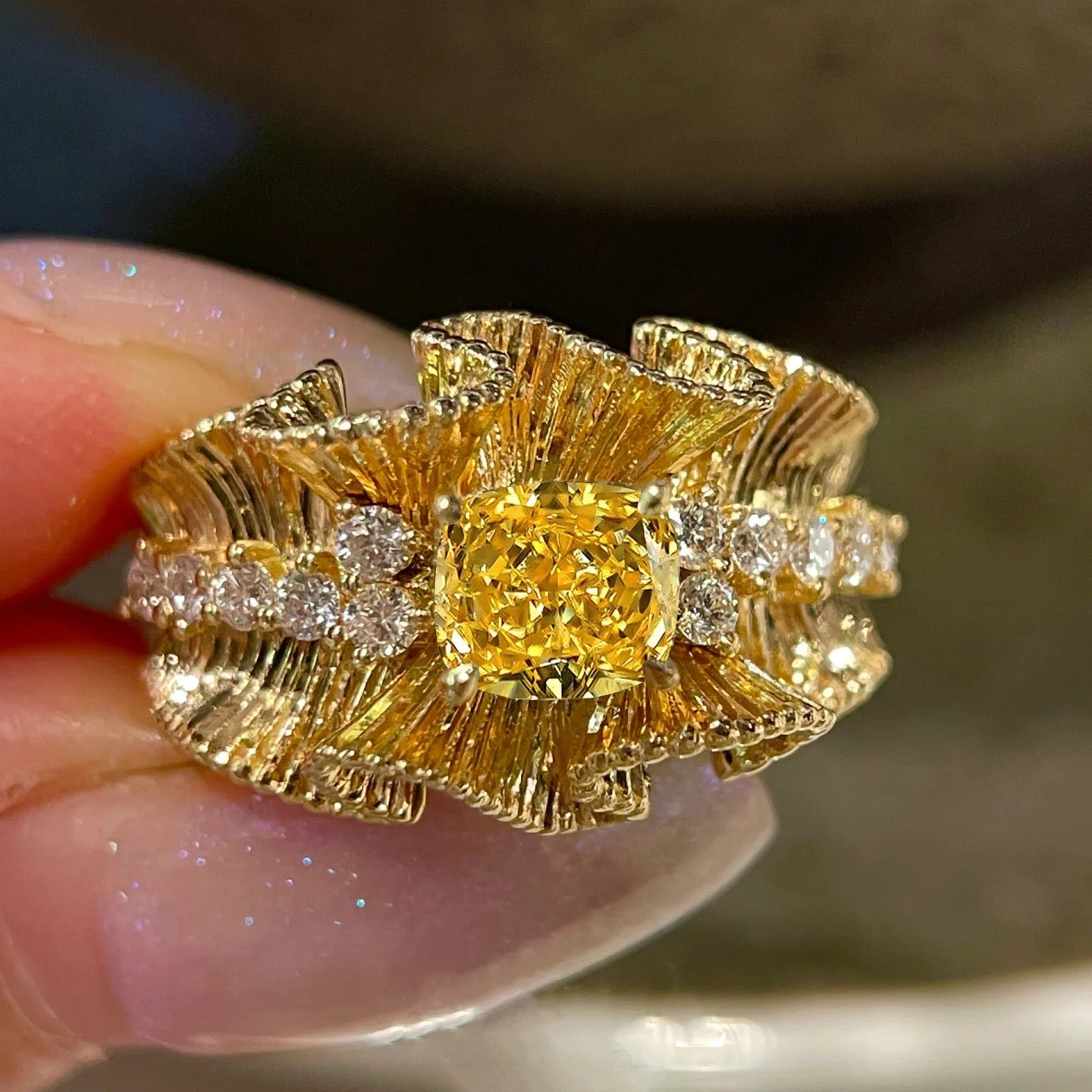 Vintage Yellow Zircon Ring with Lace Texture and Forged Gold Finish
