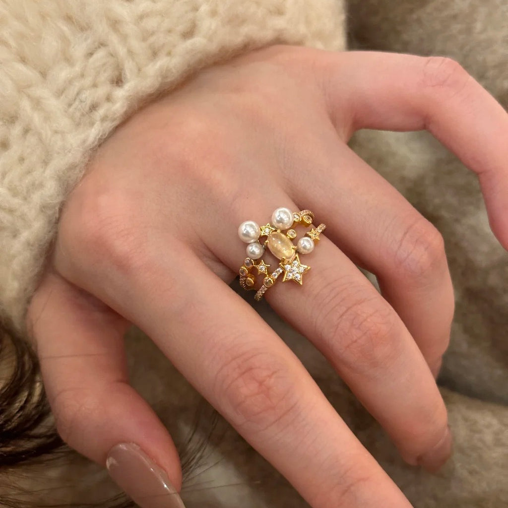 Vintage Sparkling Galaxy Star and Pearl Ring