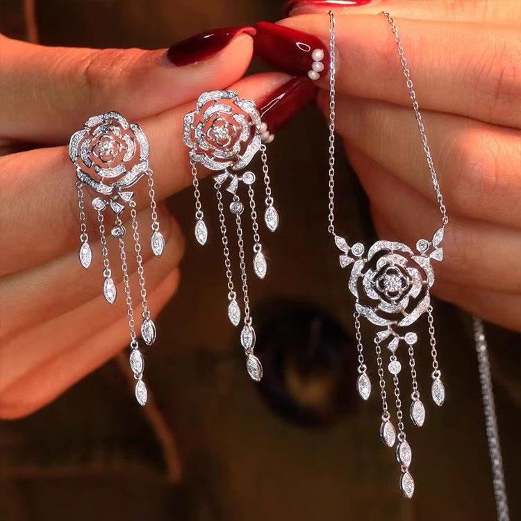 Luxe Fairy-Core Style Long Rose Tassel Jewelry Set