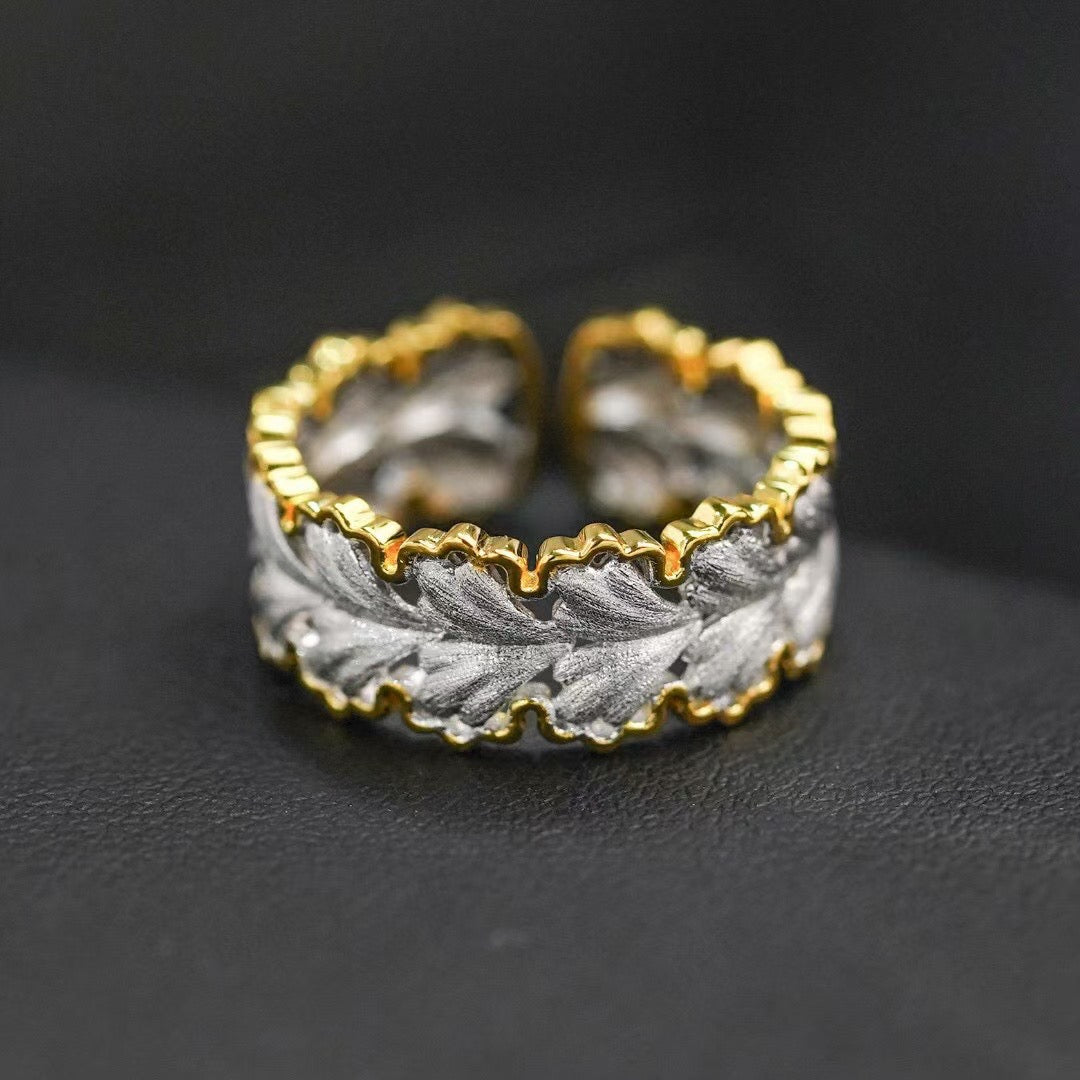 Vintage Textured and Brushed Gold Openwork Ginkgo Leaf Motif Ring