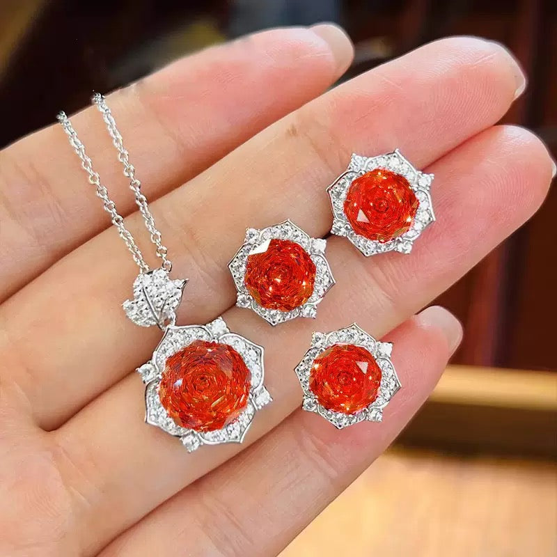 Octagonal Millennium Rose Cut Floral Jewelry Set