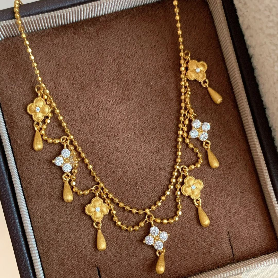 Vintage Brushed Pendant Necklace with Clover and Teardrop Tassels