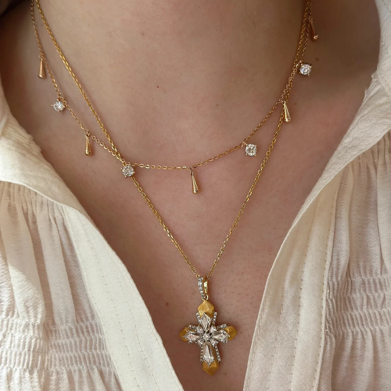 Vintage Brushed Cross & Rupert's Drop Necklace