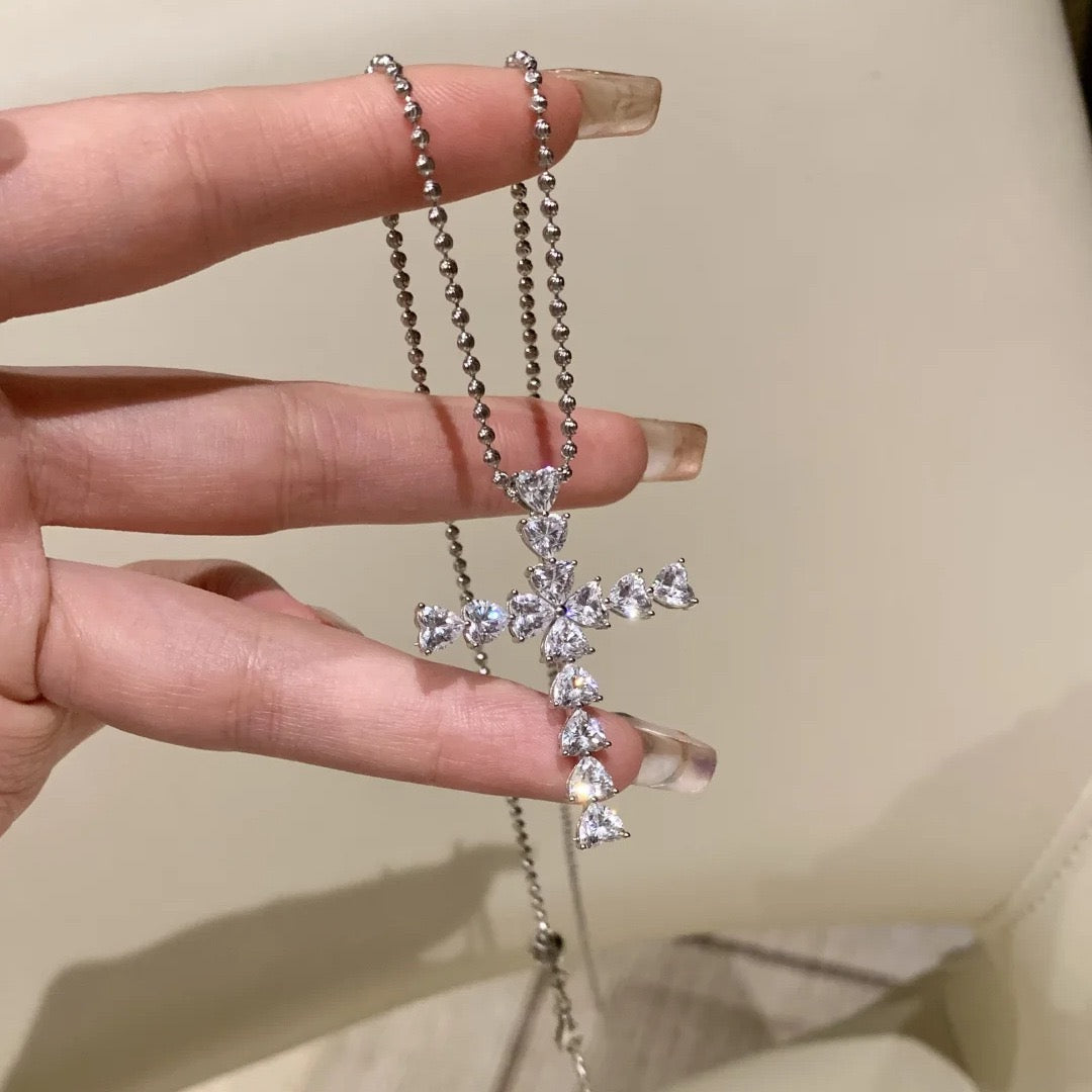 Sparkling Heart-Shape Cross Pendant Necklace