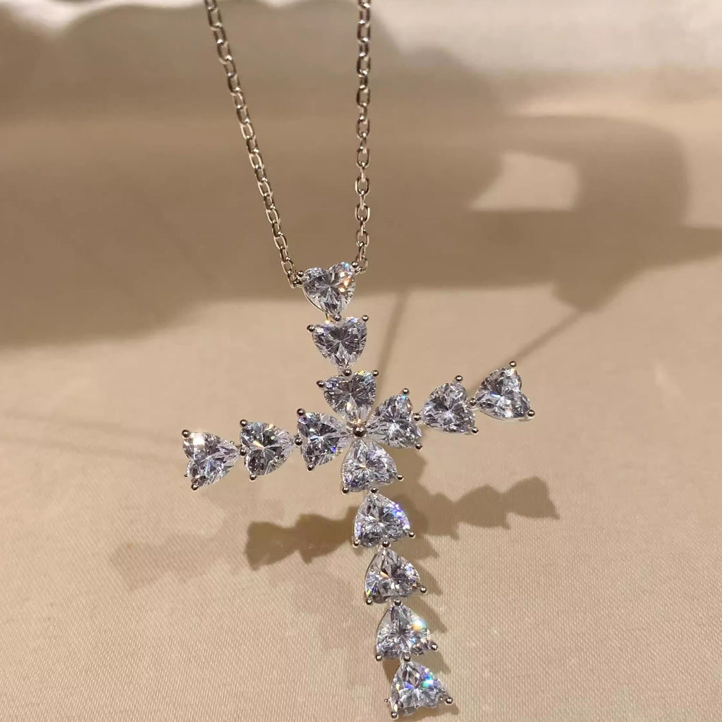 Sparkling Heart-Shape Cross Pendant Necklace