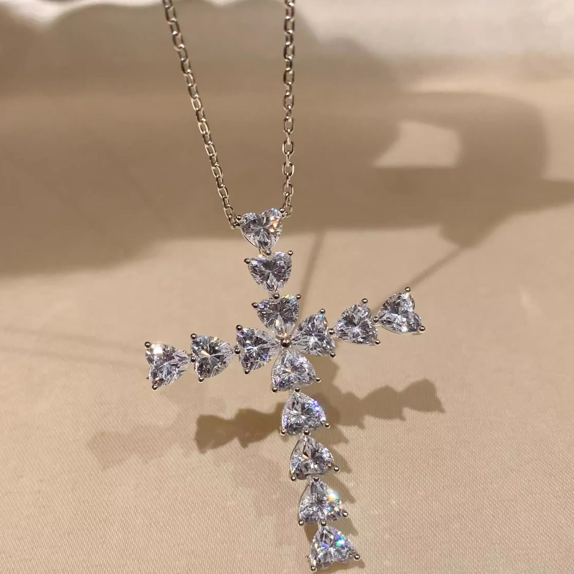 Sparkling Heart-Shape Cross Pendant Necklace