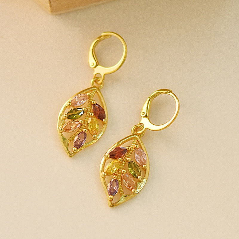 18k Gold Plated Leaf Ear Clips with Colorful Stones