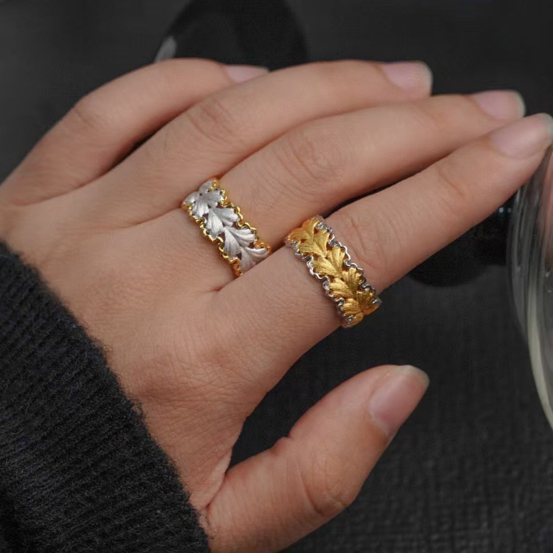 Vintage Textured and Brushed Gold Openwork Ginkgo Leaf Motif Ring