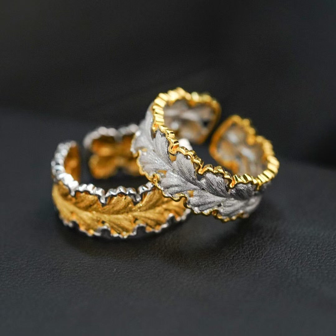 Vintage Textured and Brushed Gold Openwork Ginkgo Leaf Motif Ring