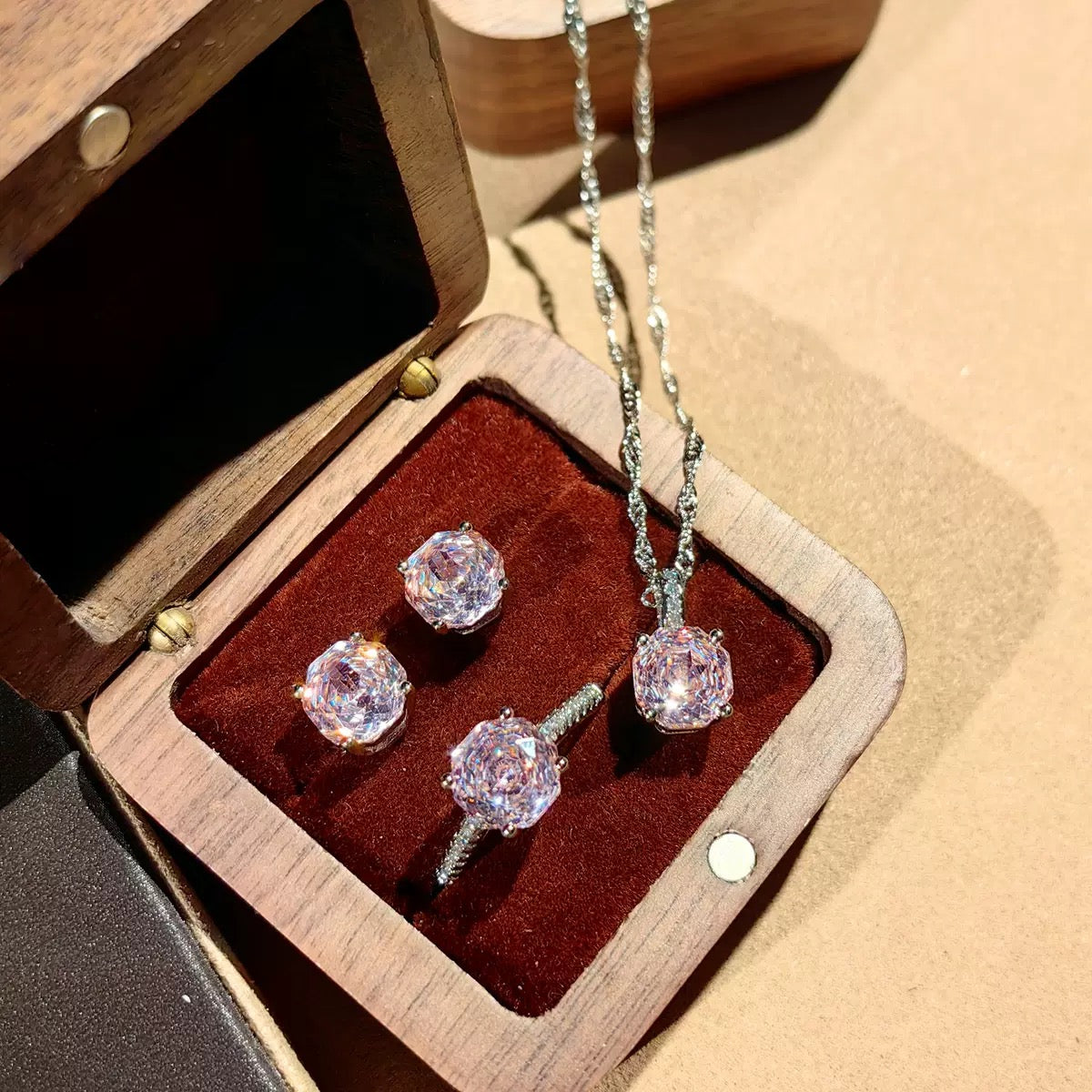 Octagonal Millennium Rose Cut Rainbow Jewelry Set