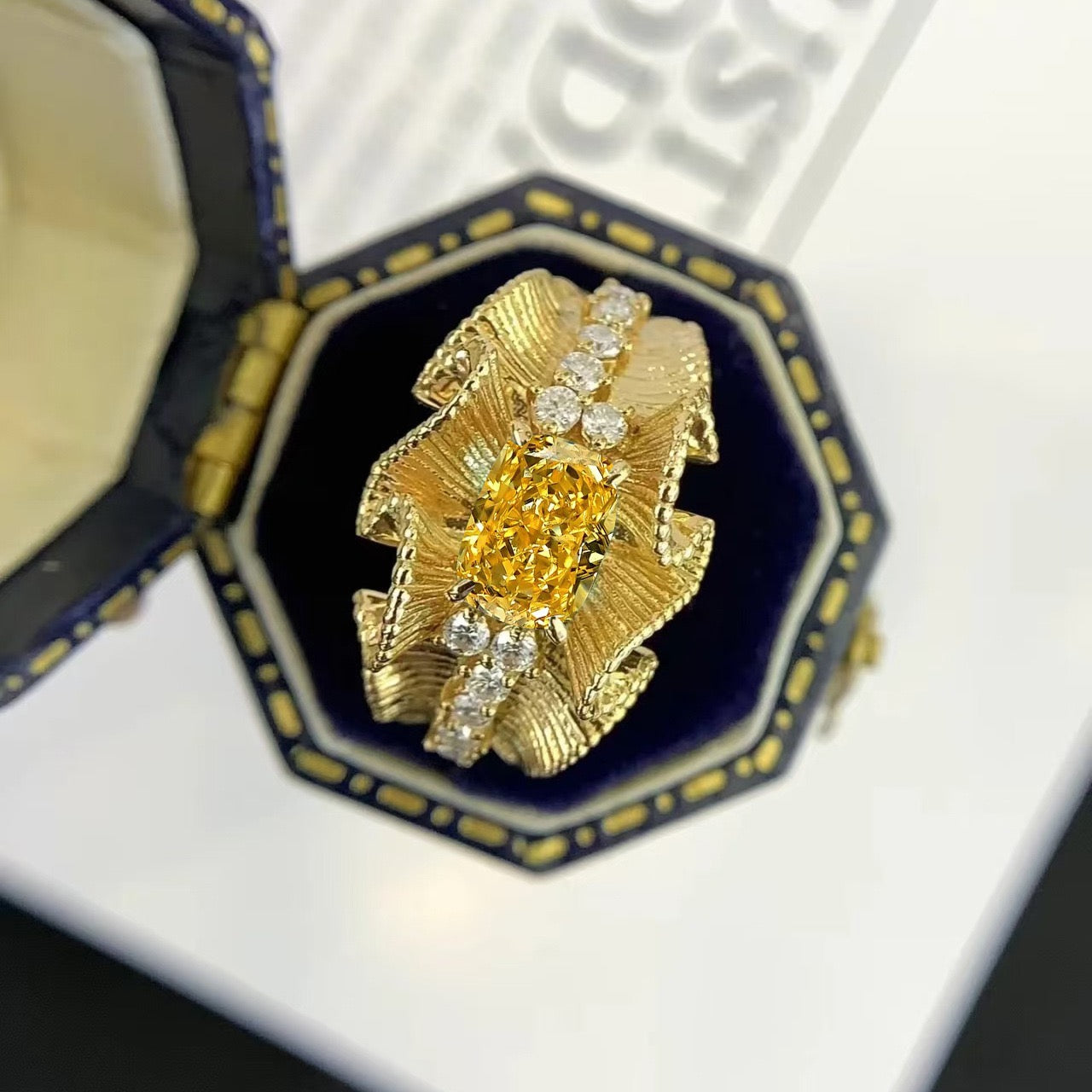 Vintage Yellow Zircon Ring with Lace Texture and Forged Gold Finish