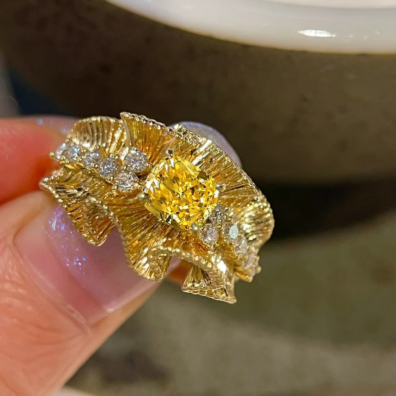 Vintage Yellow Zircon Ring with Lace Texture and Forged Gold Finish