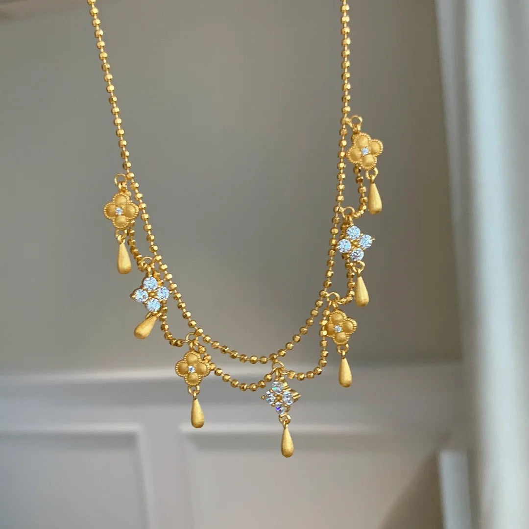 Vintage Brushed Pendant Necklace with Clover and Teardrop Tassels