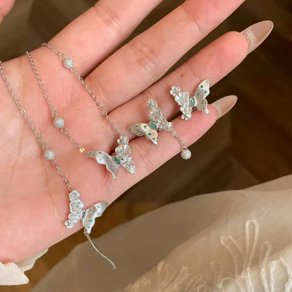 Brushed Neon Blue Artisan Sculpted Butterfly Jewelry Set