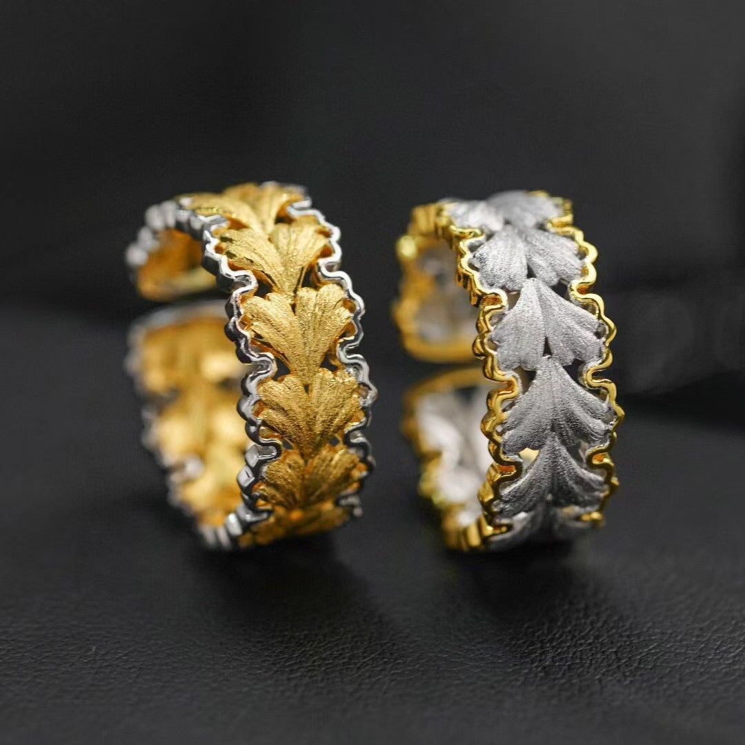Vintage Textured and Brushed Gold Openwork Ginkgo Leaf Motif Ring