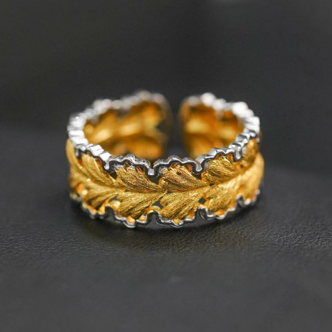 Vintage Textured and Brushed Gold Openwork Ginkgo Leaf Motif Ring