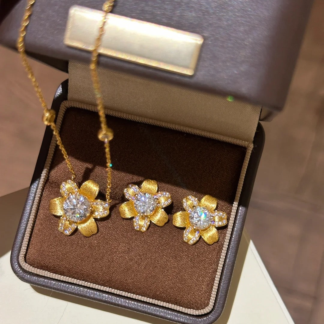 Vintage Brushed Sparkling Sunflower Jewelry Set