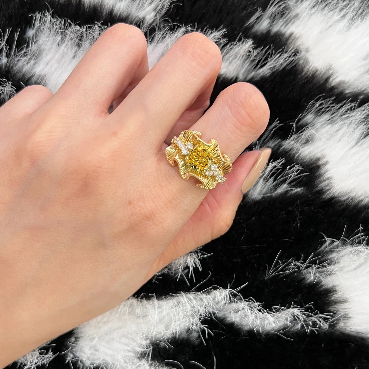 Vintage Yellow Zircon Ring with Lace Texture and Forged Gold Finish