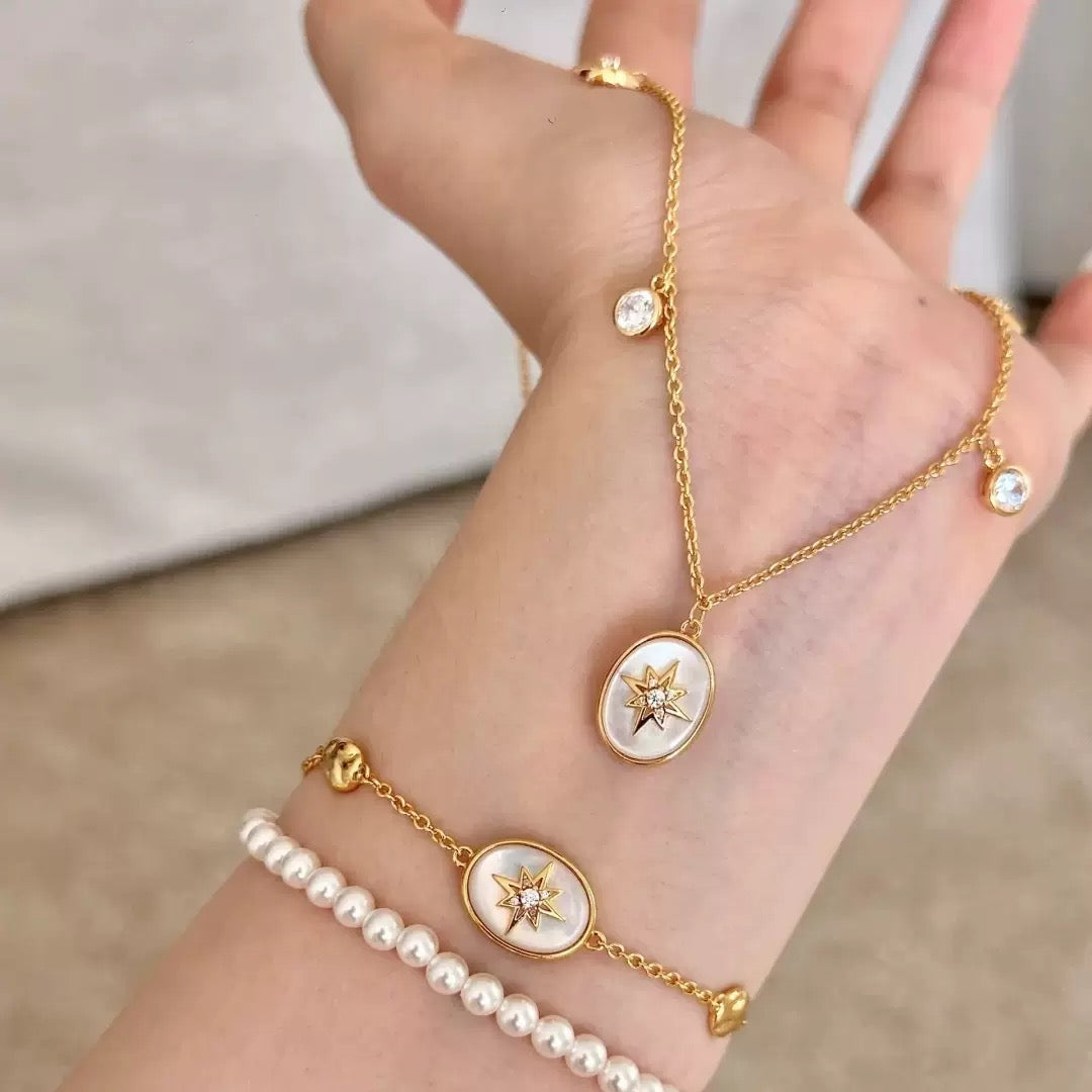Vintage Style Astrolabe Pendant & Shell Charm Jewelry Set