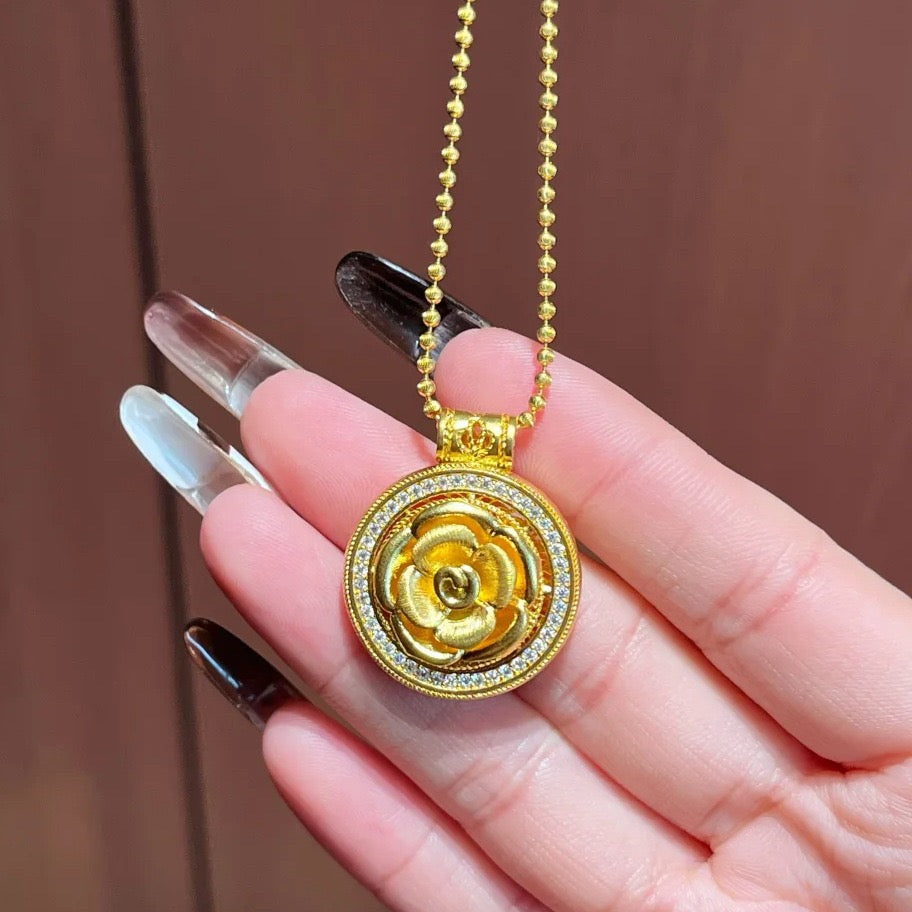 Brushed and Forged Pendant Necklace with Rose and Compass Motifs