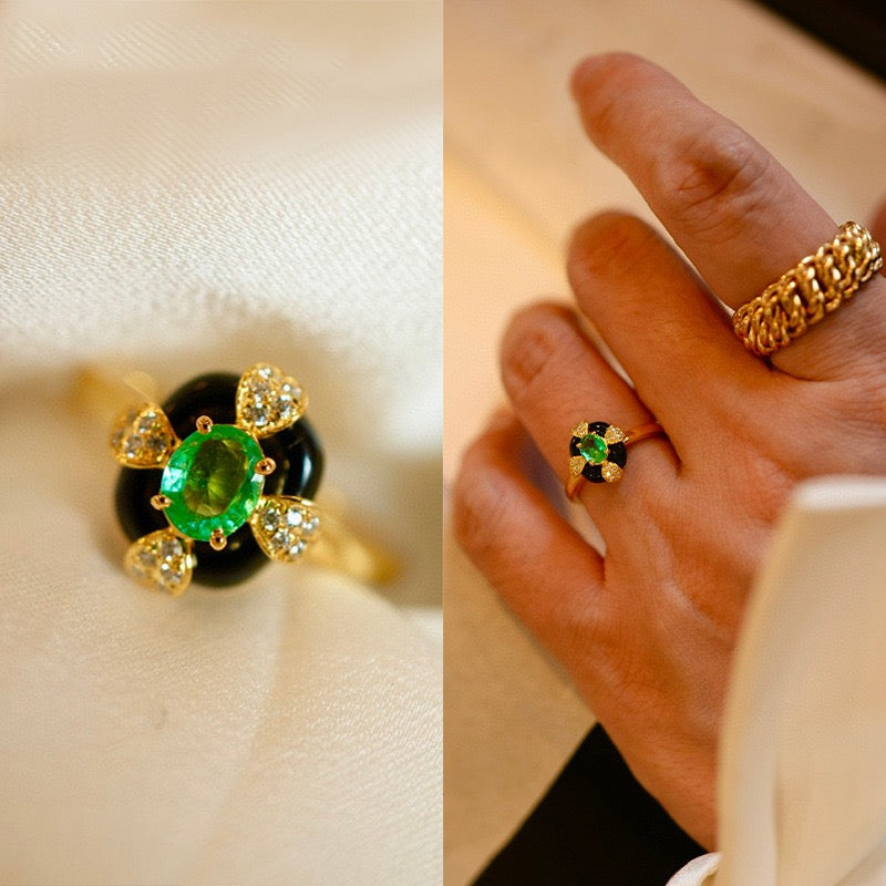 Vintage Simulated Emerald and Black Onyx Statement Ring