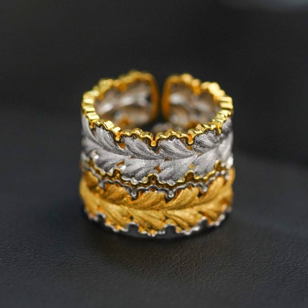 Vintage Textured and Brushed Gold Openwork Ginkgo Leaf Motif Ring