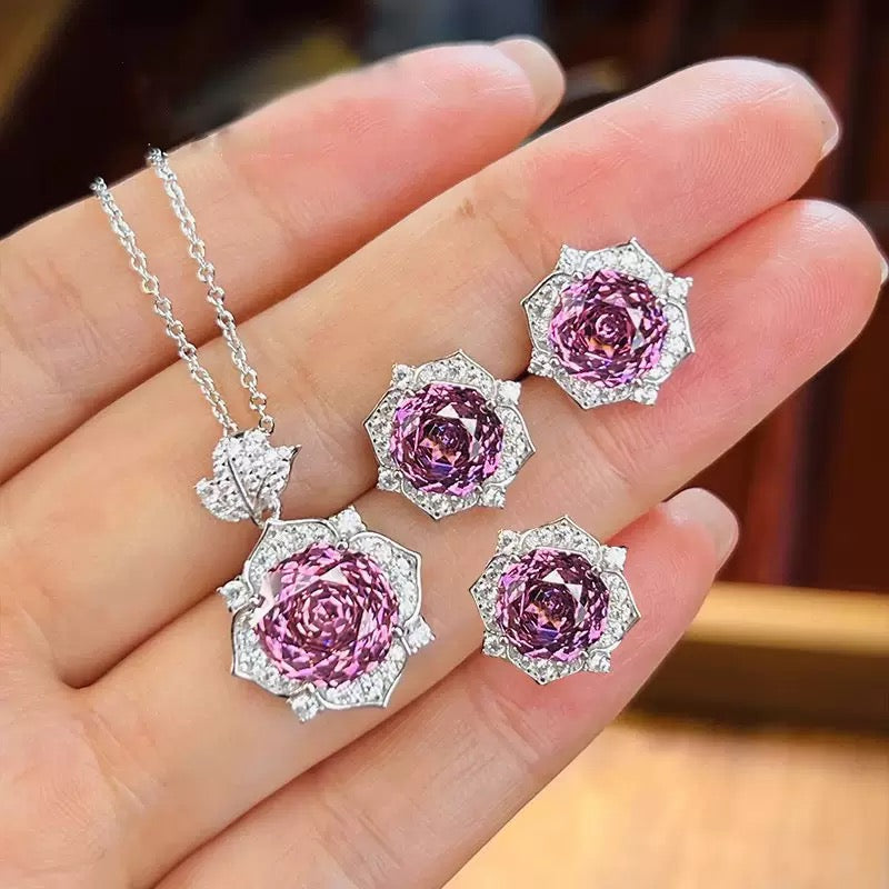 Octagonal Millennium Rose Cut Floral Jewelry Set