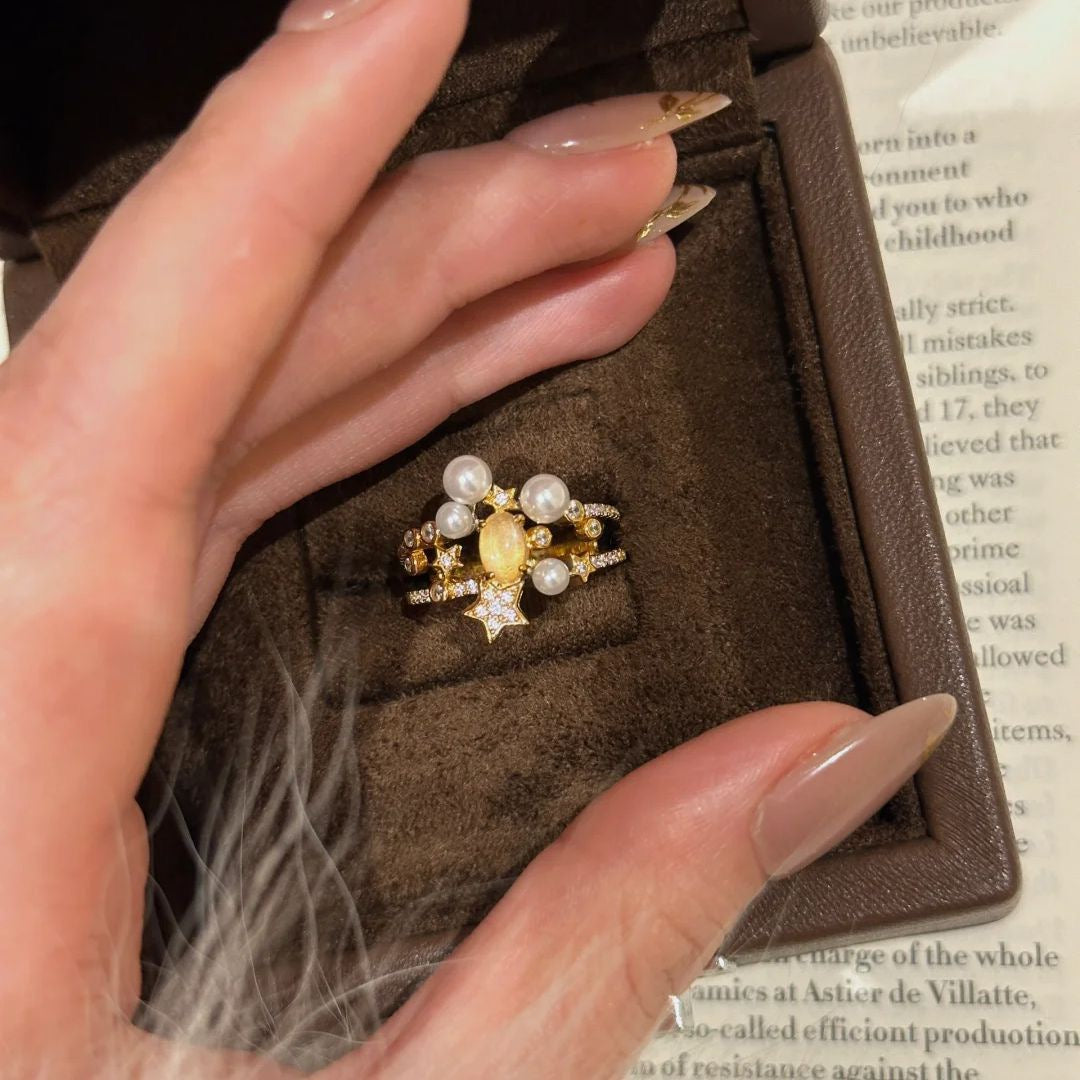 Vintage Sparkling Galaxy Star and Pearl Ring