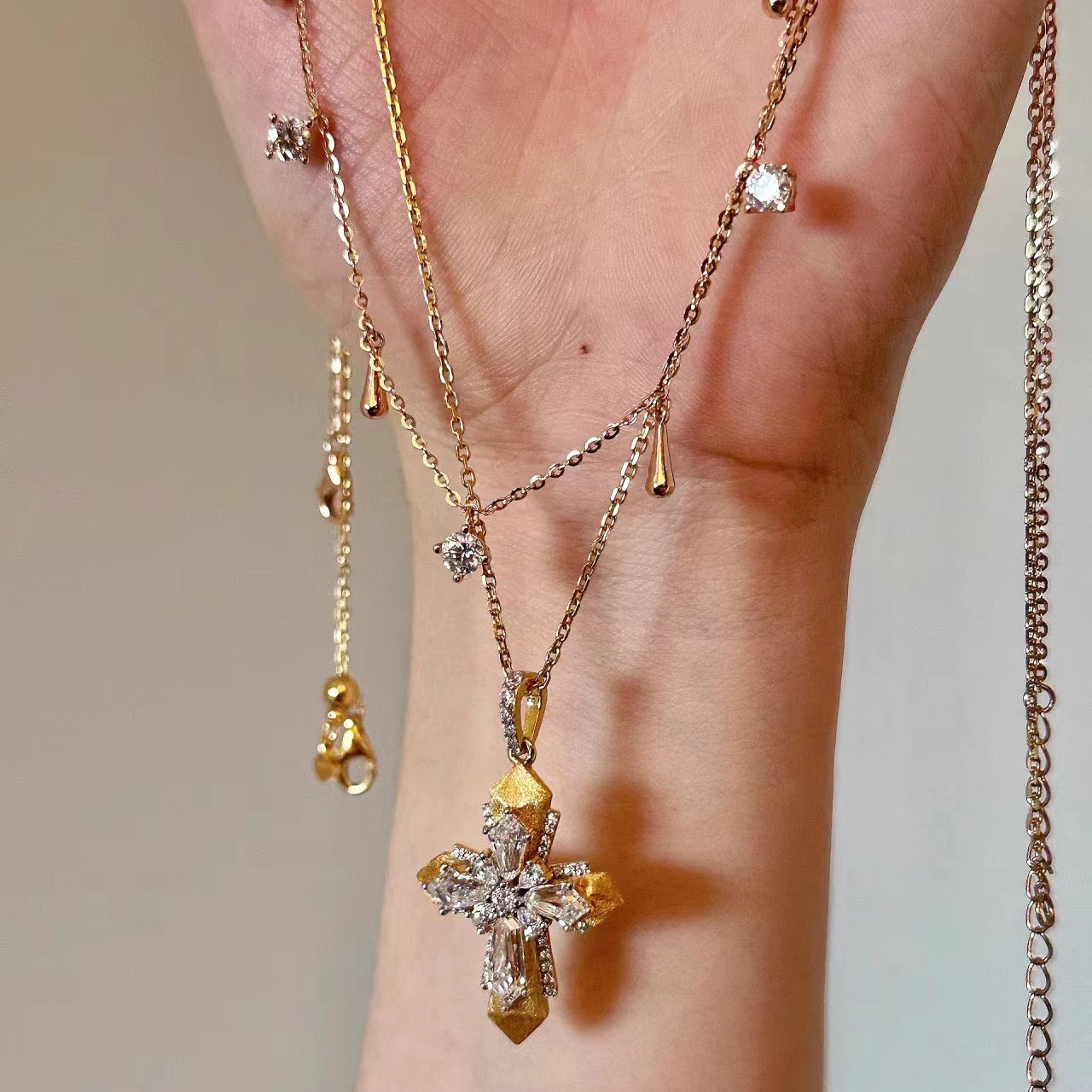 Vintage Brushed Cross & Rupert's Drop Necklace