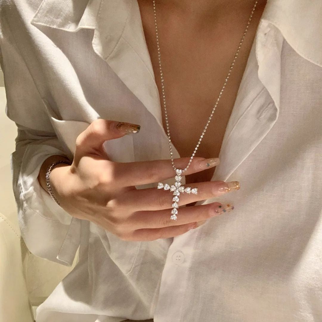 Sparkling Heart-Shape Cross Pendant Necklace