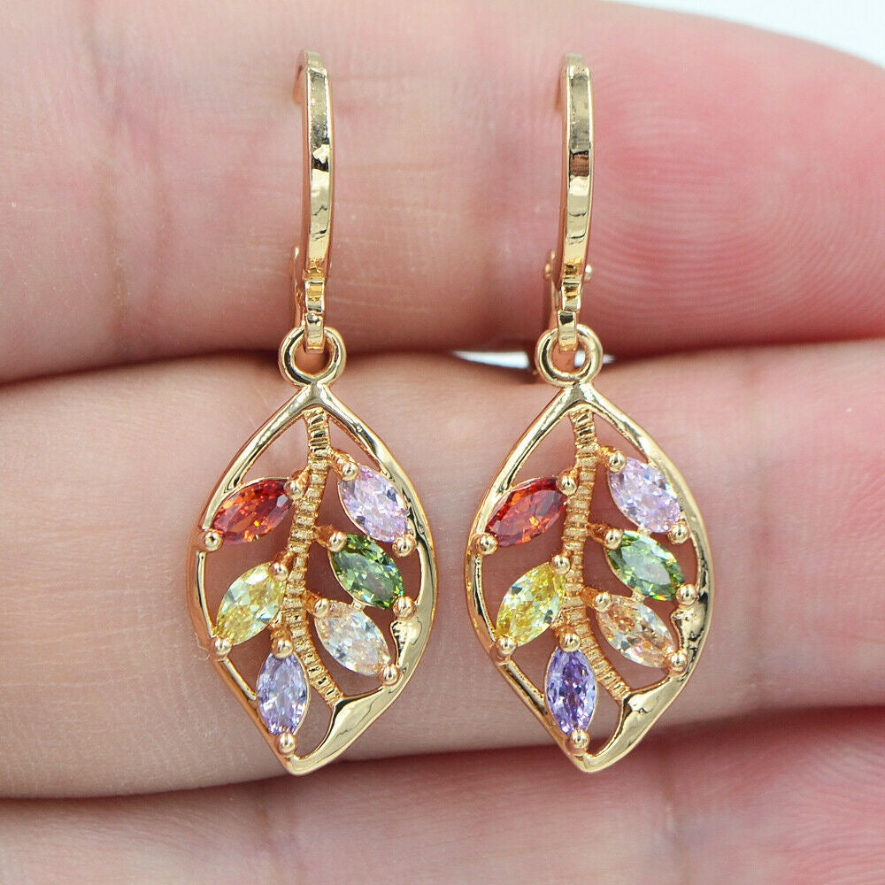 18k Gold Plated Leaf Ear Clips with Colorful Stones