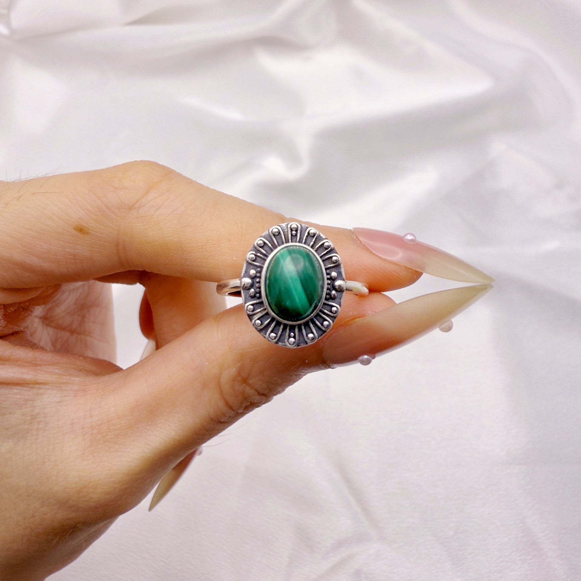 Bold Aura Malachite Adjustable Ring S925 Silver
