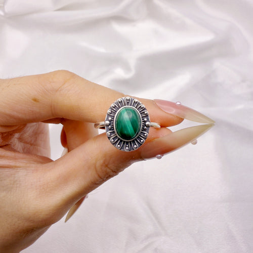 Bold Aura Malachite Adjustable Ring S925 Silver