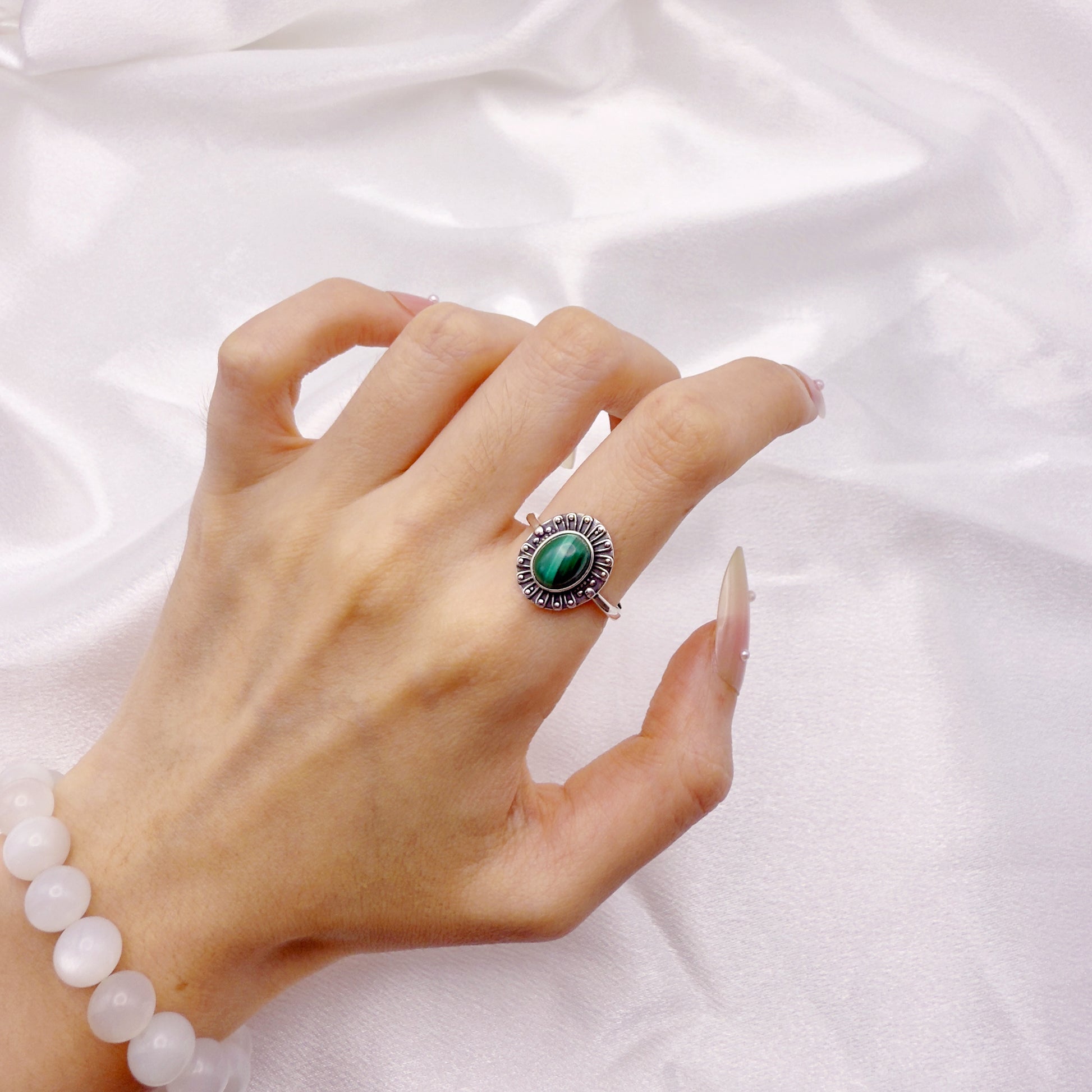Bold Aura Malachite Adjustable Ring S925 Silver